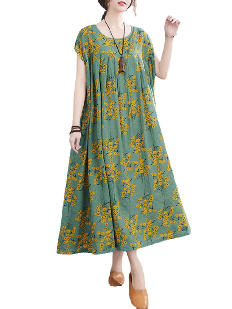 Floral Printed Bohemian Europe Retro Style O-Neck Loose Dress