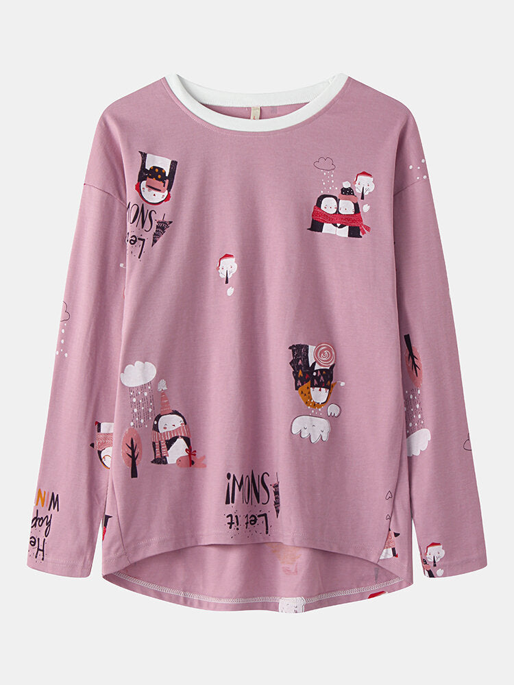 Women Cute Cartoon Pattern Print O-Neck Two-Piece Loose Home Pajamas Sets