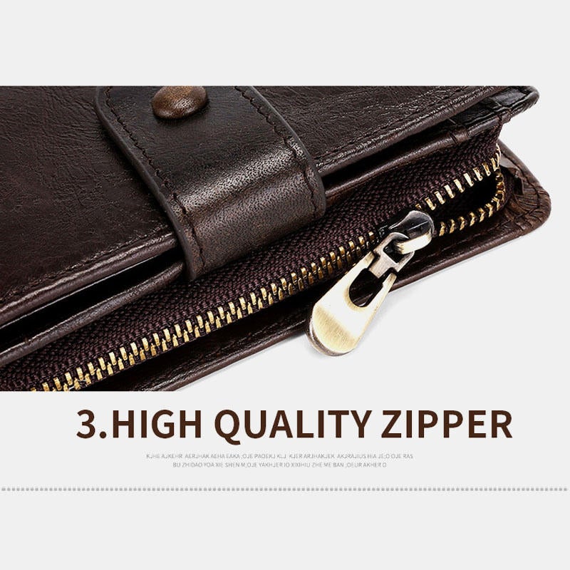 Men Vintage Genuine Leather RFID Blocking Wallet Zipper Coin Bag