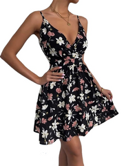 Stylish Women's Sleeveless Floral Ruched V Neck Casual Spaghetti Strap Dress