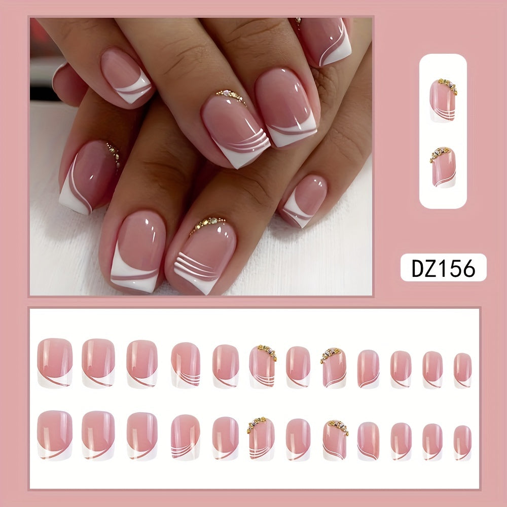24pcs Glossy Pink Press-On Nails with Rhinestones & French White Edge - Reusable Fake Nails for Women & Girls