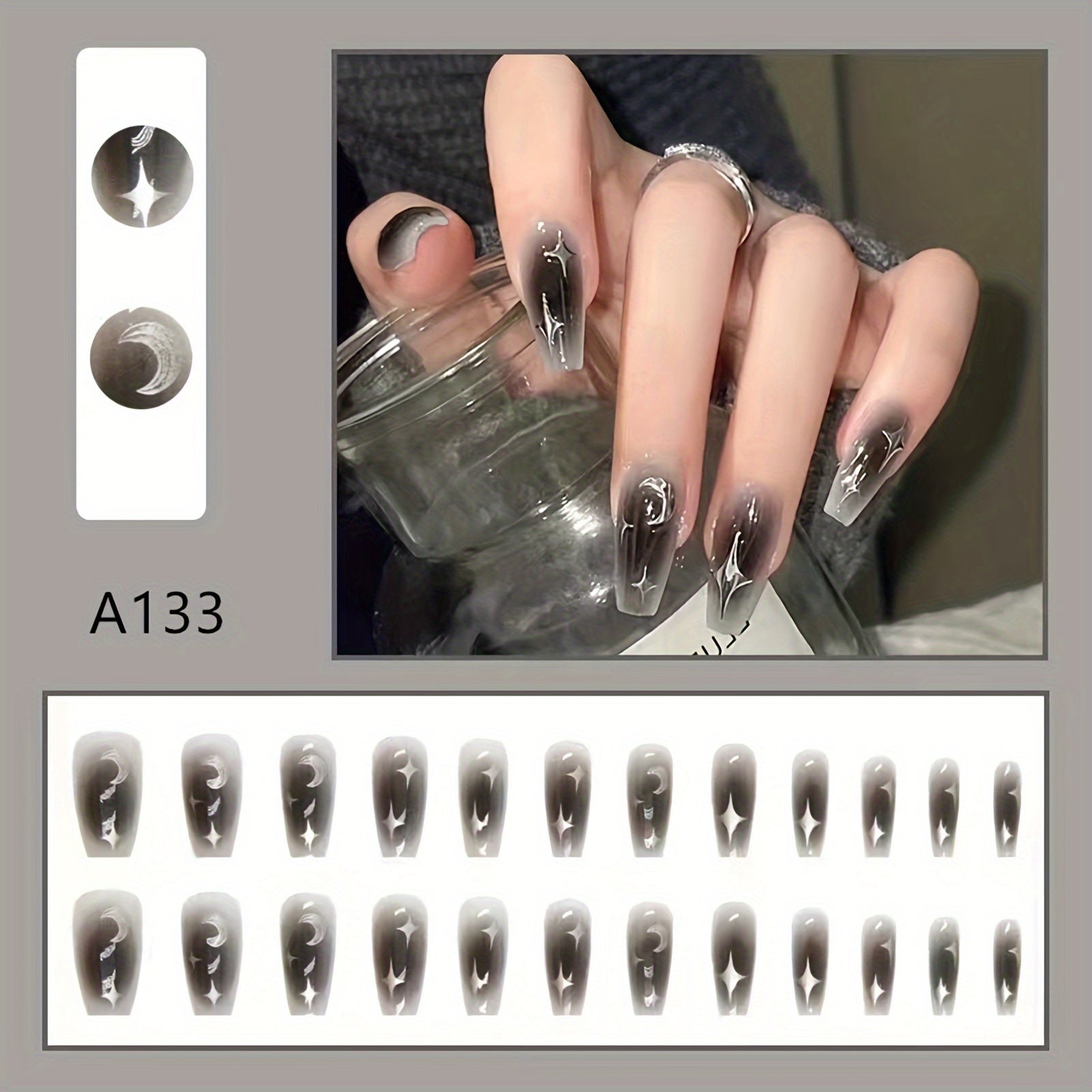 24Pcs Glitter Gradient Press on Nails, Grey Black Moon Stars Design, Medium Coffin Acrylic Nails for Women Girls