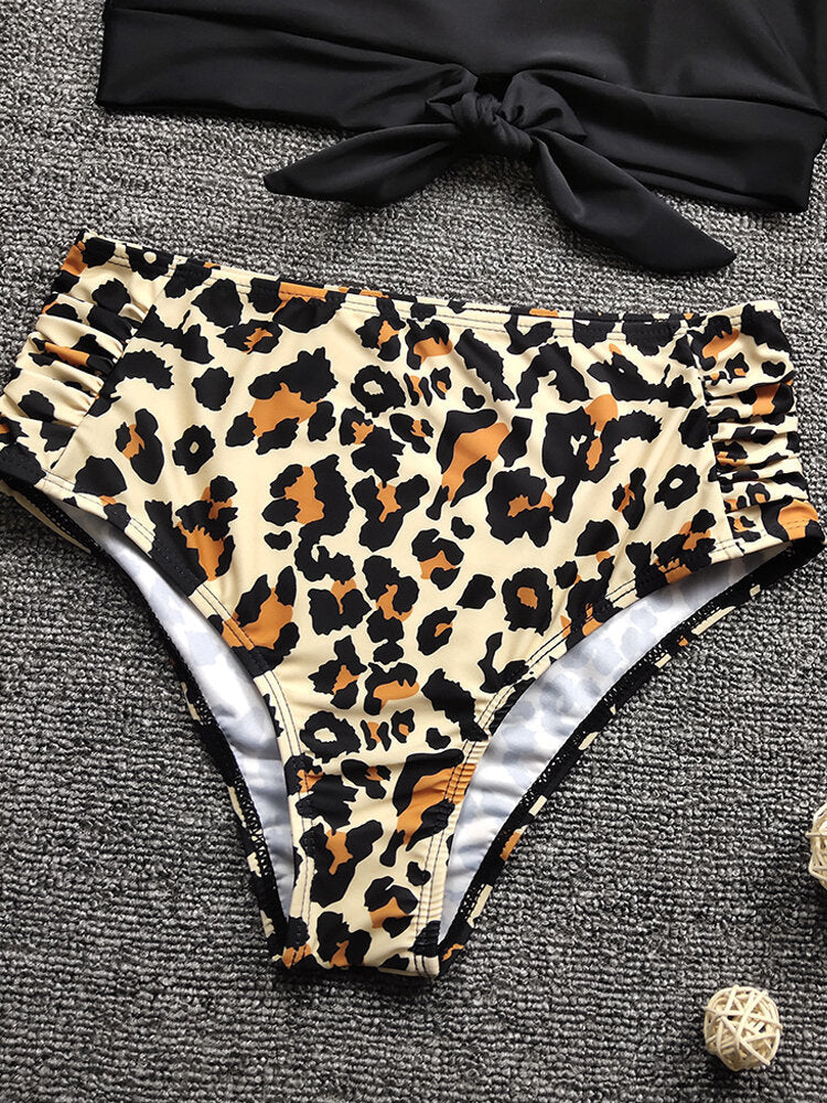 Women Leopard Print Tie Front High Neck Hot High Waist Bikini