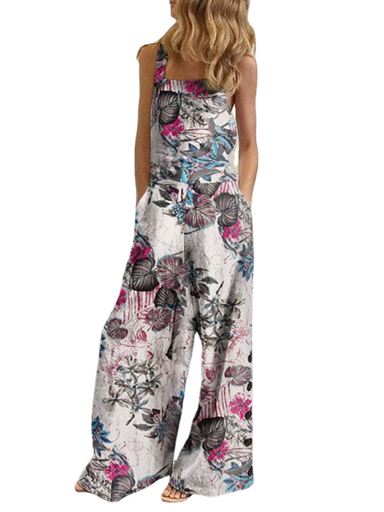 Women Sleeveless Floral Print Button Loose Cotton Vintage Jumpsuits With Side Pocket