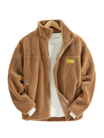 Mens Letter Applique Fleece Warm Plush Thick Jacket With Pocket