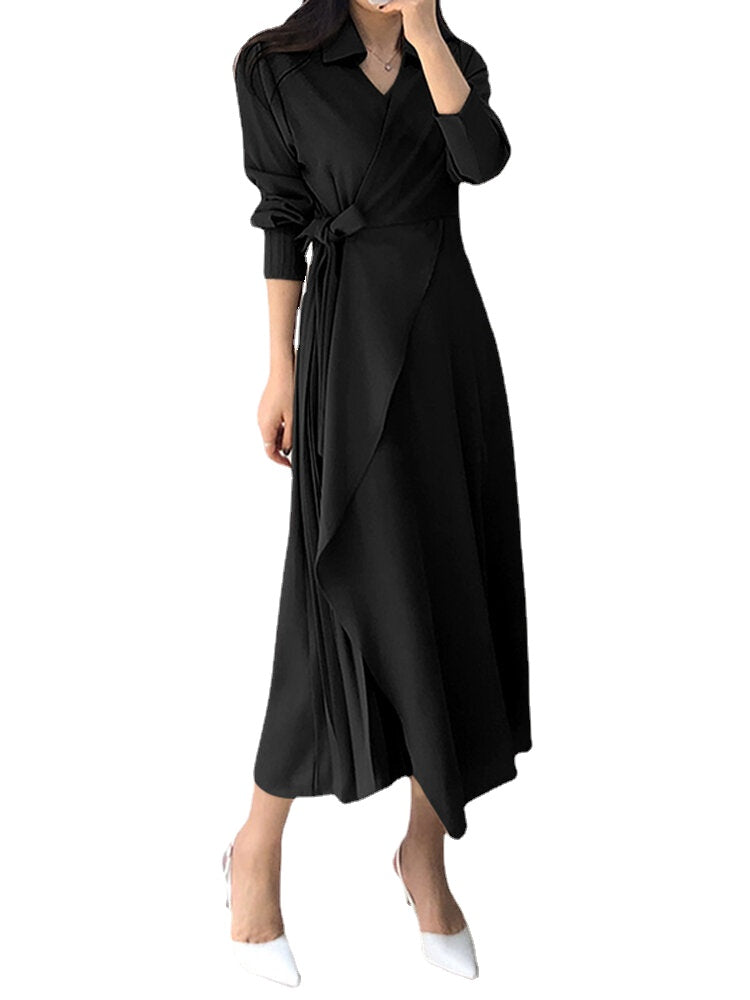 Solid Cross Front Tie Pleated Long Sleeve Lapel Shirt Dress