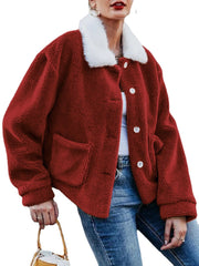 Women Solid Color Plush Borg Collar Warm Coat With Pocket