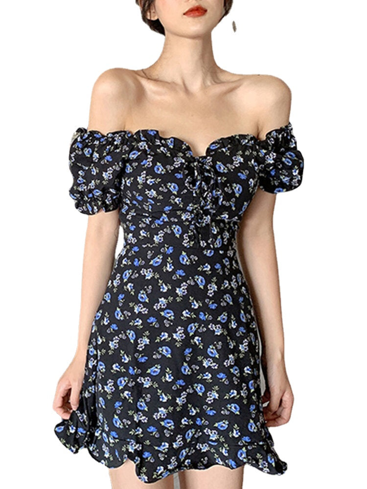 Puff Sleeve Floral Sweet Leisure Summer Holiday Dress For Women