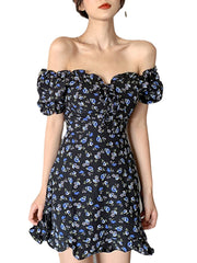 Puff Sleeve Floral Sweet Leisure Summer Holiday Dress For Women