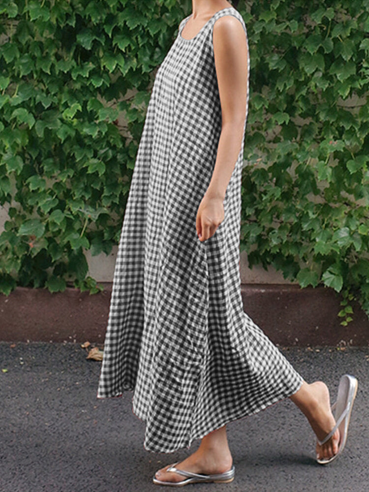 Women Casual Sleeveless Plaid Side Pocket Loose Maxi Dress