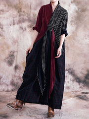 Women Long Sleeve V-neck Loose Plaid Patchwork Maxi Dress