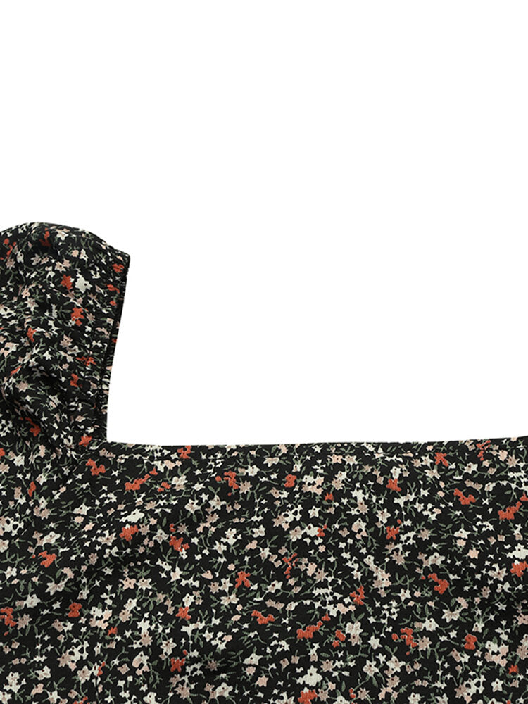 Women Square Neck High Split Floral Print Long Sleeve Casual Slim Fit Midi Dress