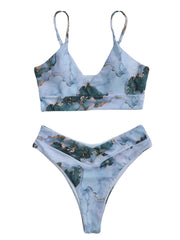 Marble Pattern Print Spaghetti Straps Open Back Bikini Women Beach Swimwear