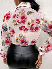 Lantern Sleeve Flower Button Lapel Rose Print Shirt