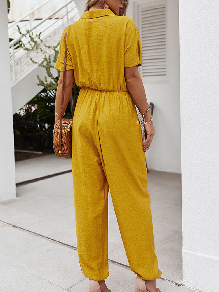 Solid Color Button Pocket High Elastic Waist Loose Jumpsuit