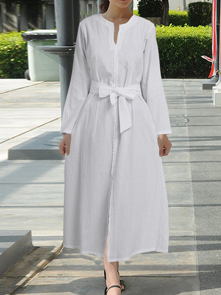 Women Daily Casual Belted Tie Waist Long Sleeve Solid Cotton Maxi Dress