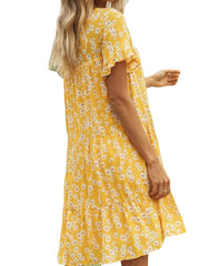 Women Daisy Flowers Print Holiday O-Neck Casual Loose Short Sleeve Layered Dress