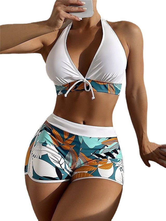 Women's Swimwear Bikini 2 Piece Normal Swimsuit Open Back Printing High Waisted Leaves Green Halter V Wire Bathing Suits Sports Vacation Fashion / Sexy / Modern / New / Padded Bras