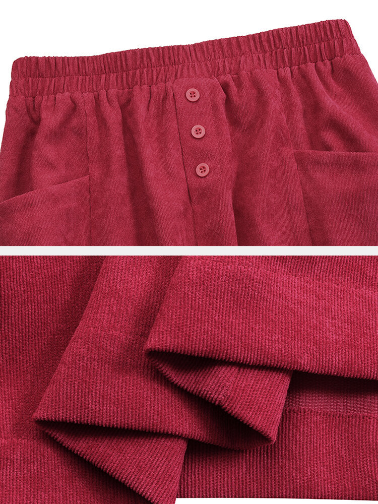 Women Corduroy Button Trim Elastic Waist Solid Retro Skirt With Pocket