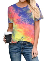 Tie-dye Print Round Neck Short Sleeve Loose Casual T-shirts Women