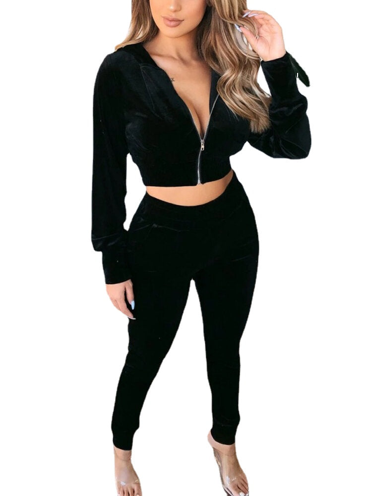 Women Velvet Zip Up Crop Hooded Sweatshirt Casual Long Two-Piece Set With Pocket