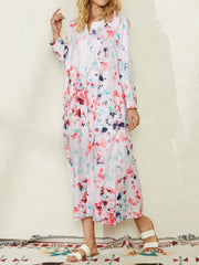 Women Print Long Sleeve Side Pocket Elegant Maxi Dress