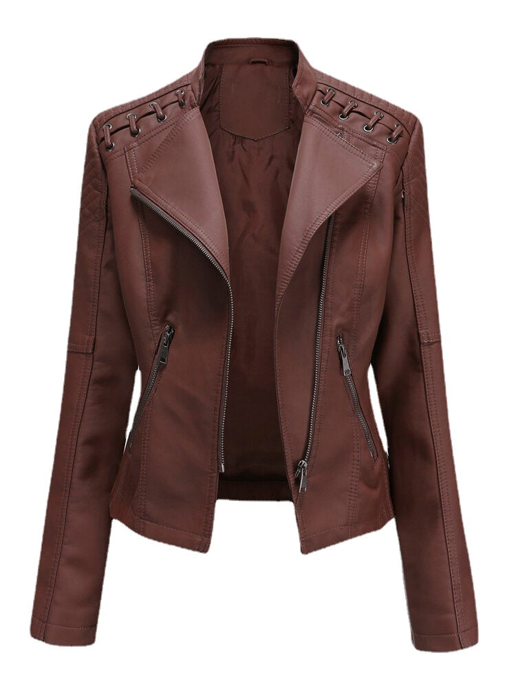 Women Faux PU Leather Solid Color Motorcycle Jacket