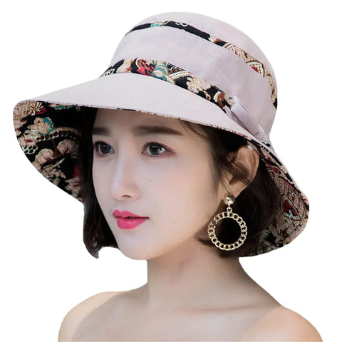 Women Summer Printed Cotton Fisherman Hat Foldable Sunshade Wide Brim Bucket Hat