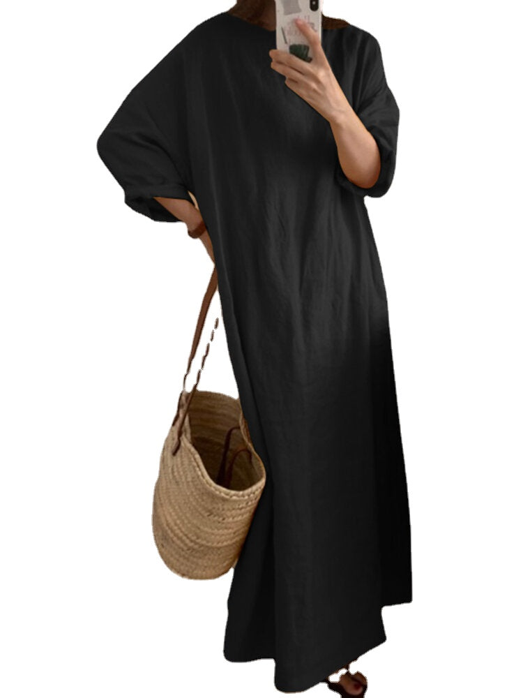 Solid Long Sleeve Round Neck Casual Cotton Maxi Dress