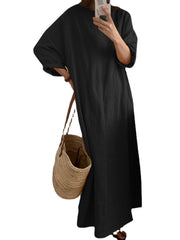 Solid Long Sleeve Round Neck Casual Cotton Maxi Dress