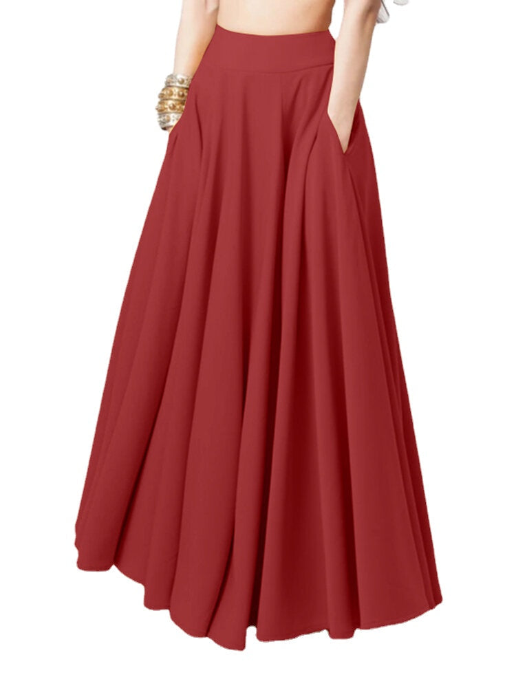 Women Solid Color A-Line Elastic Waist Casual Swing Skirts With Pocket