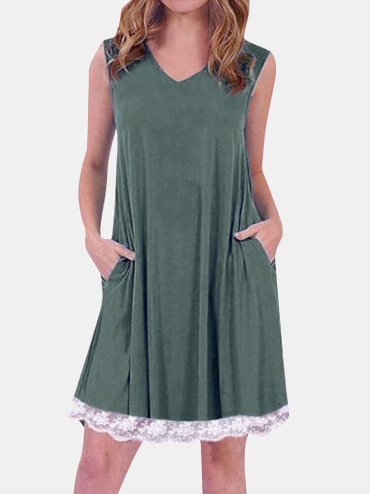 Summer Lace Patchwork Sleeveless Loungewear V-neck Daily Casual Dress