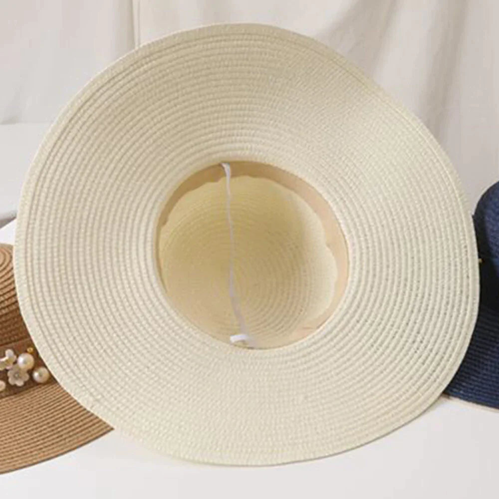 Women Straw Solid Color Elegant Big Brim Pearl Bowknot Wavy Edge Visor Sun Hat Beach Hat Bucket Hat