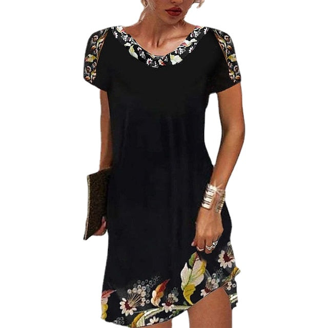 Women's Casual Dress Ethnic Dress Shift Dress Mini Dress Black White Light Green Short Sleeve Floral Print Spring Summer Crew Neck Basic Daily Vacation Loose Fit