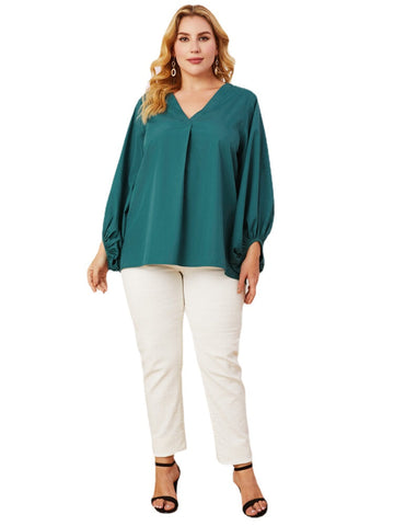 Plus Size Women Solid Color V-Neck Lantern Sleeve Casual Blouses