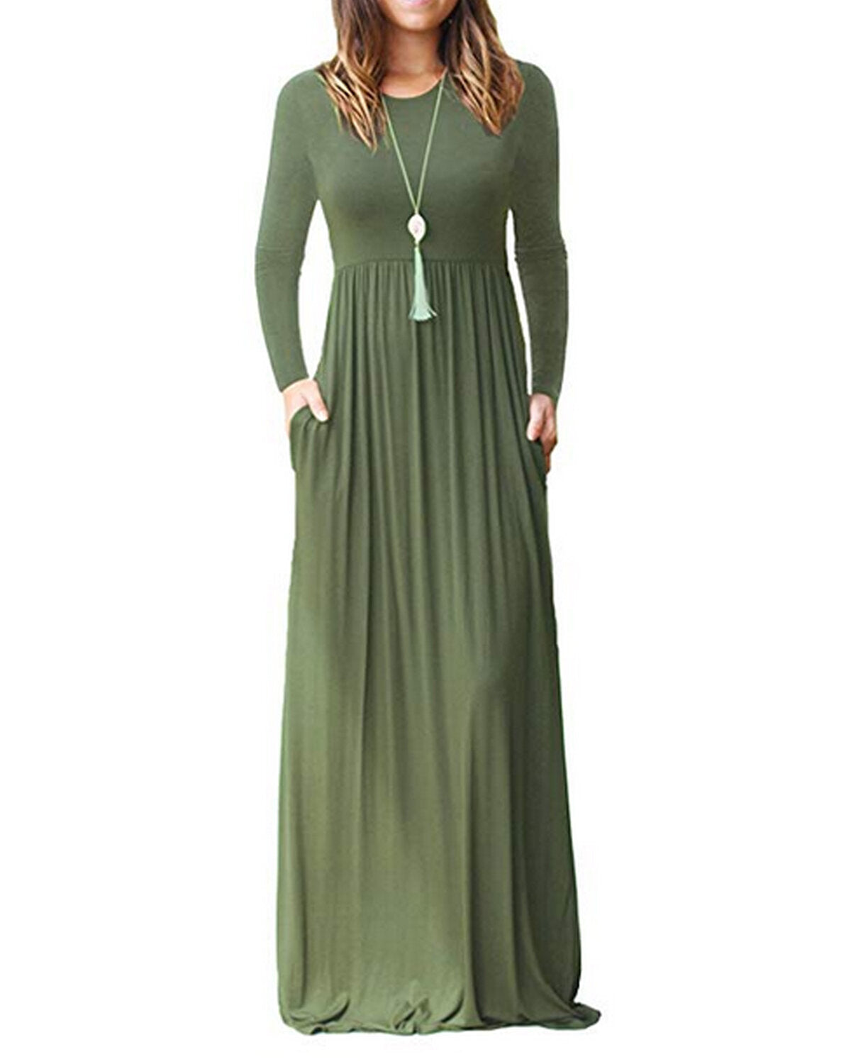 Women Long Sleeve Loose Solid Casual Long Maxi Dress with Pockets