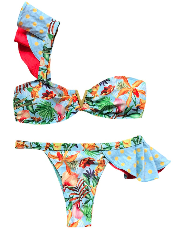 Women One Shoulder Floral Printing Ruffle Trims Backless Beach Holiday Low Waist Bikinis