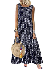 Women Bohemian Sleeveless O-neck Polka Dot Print Maxi Dress