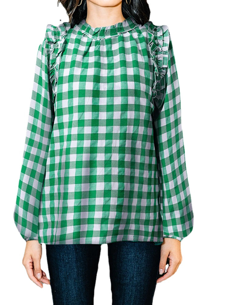 Plaid Long Sleeve Ruffles Casual Blouse For Women