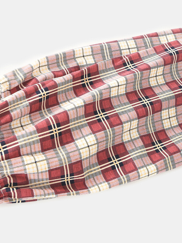 Women Plaid Print Lapel High-lowHem Shirt Elastic Waist Pants Home Pajama Set