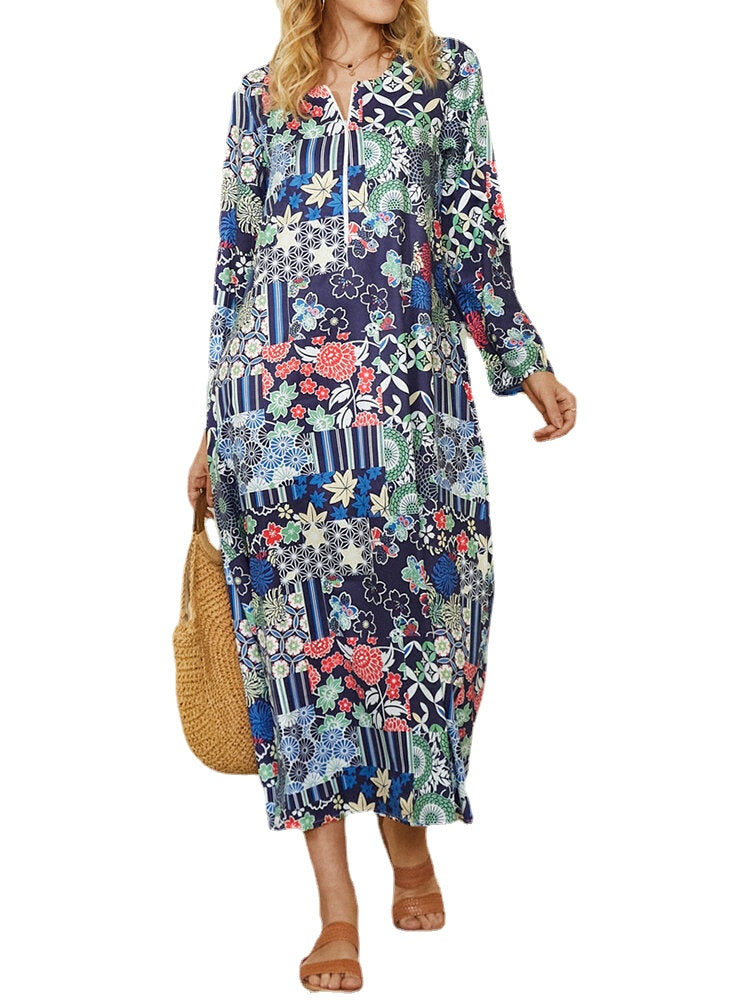 Women Colorful Print Colorblcok Half Zipper Front Maxi Dress With Pocket