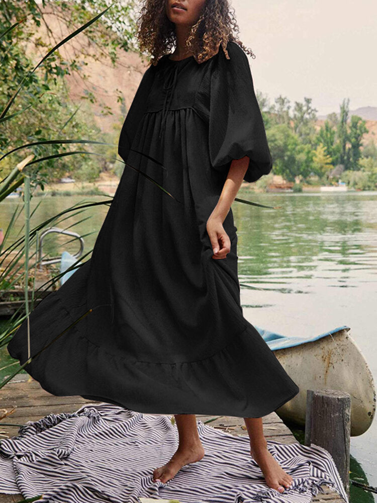 Women Cotton Solid Color Tie Neck Puff Sleeve Ruffle Hem Simple Maxi Dresses