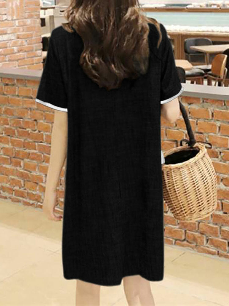 Contrast Color Pocket Short Sleeve Midi Casual Dress