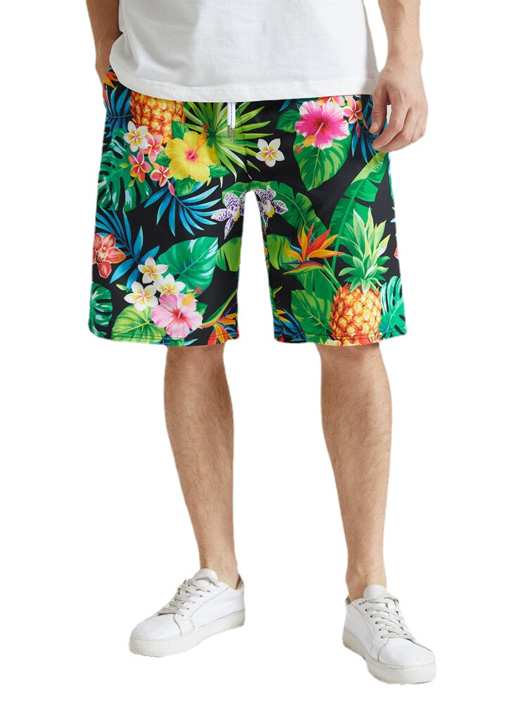 Mens Tropical Pineapple Print Holiday Mid Length Drawstring Shorts