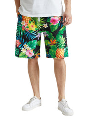 Mens Tropical Pineapple Print Holiday Mid Length Drawstring Shorts