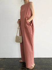 Women Elegant Solid Color Side Pockets Design Sleeveless Casual Maxi Dress