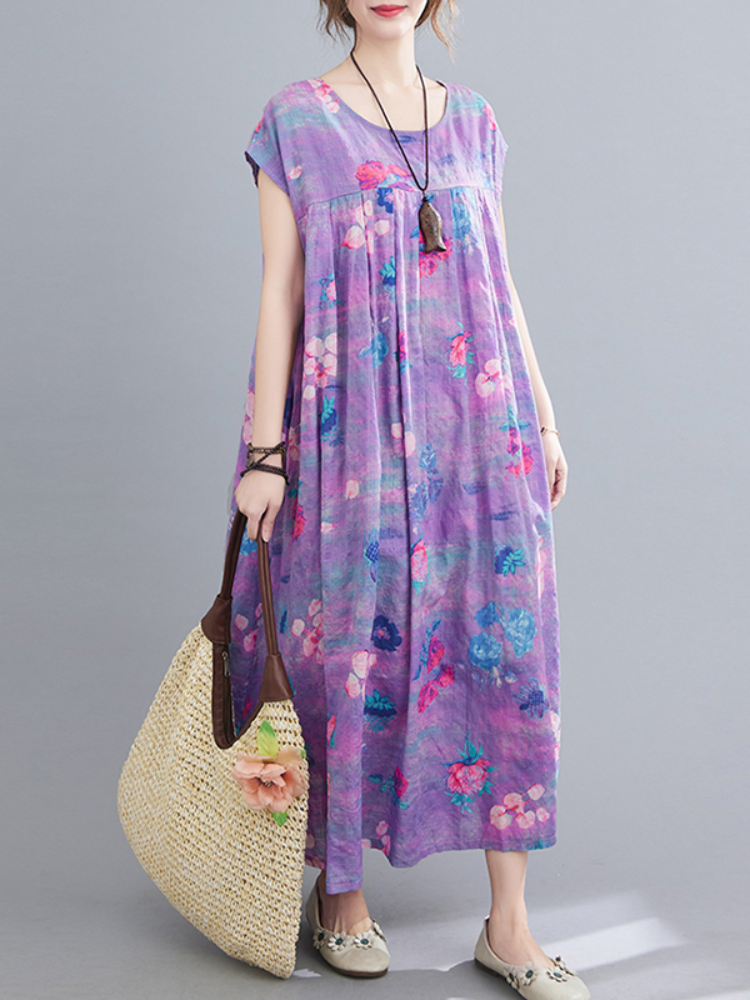 Floral Printed Bohemian Europe Retro Style O-Neck Loose Dress