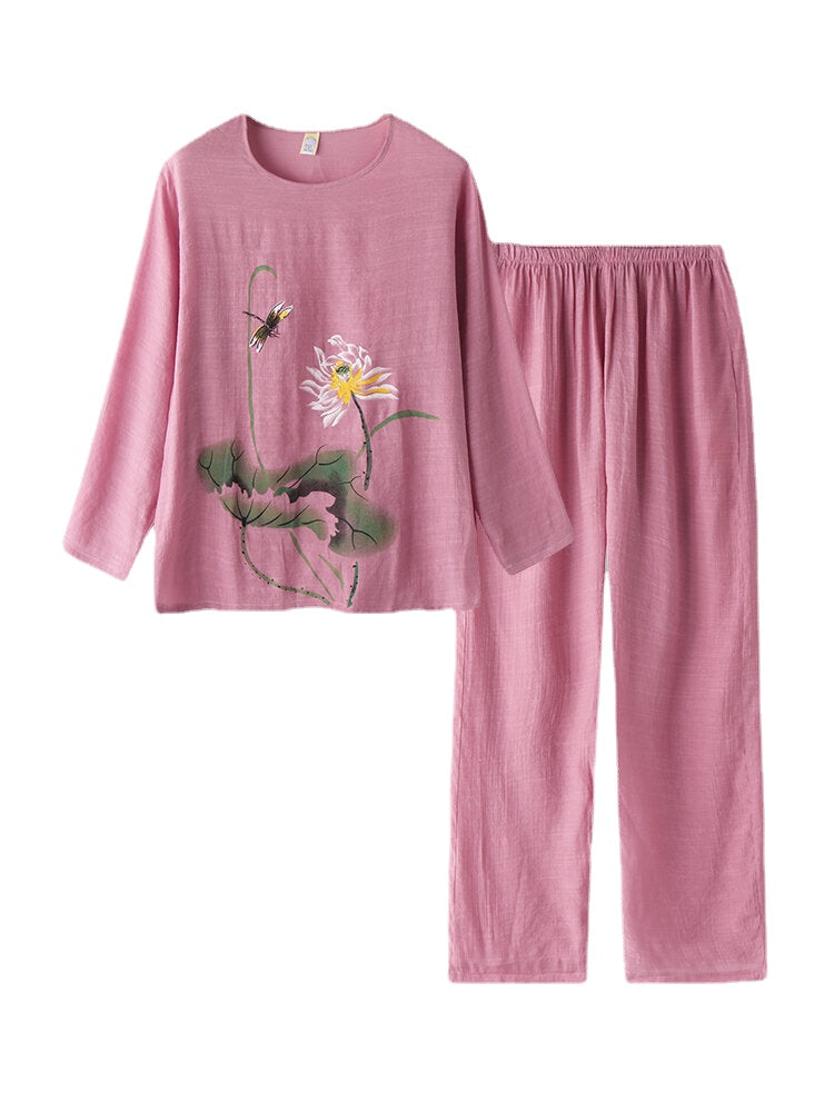 Women Print Cotton Linen Softies Loungewear Long Set O-Neck Loose Breathable Pajamas Set