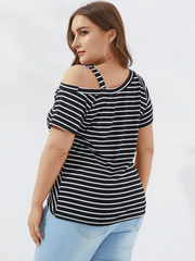 Plus Size Twist Striped Cold Shoulder Short Sleeve Casual Wild T-shirts