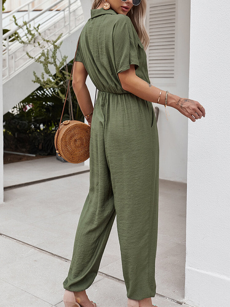 Solid Color Button Pocket High Elastic Waist Loose Jumpsuit
